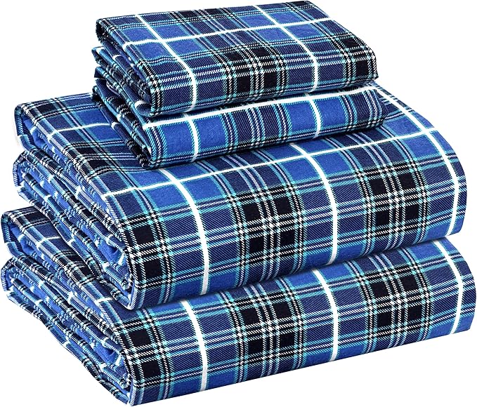 RUVANTI Flannel Sheets King Size - 100% Cotton Brushed King Size Sheets Set - Deep Pockets 16 Inches Bed Sheets - All Seasons Breathable & Extra Soft - Warm & Cozy, 4 Piece, Blue Plaid