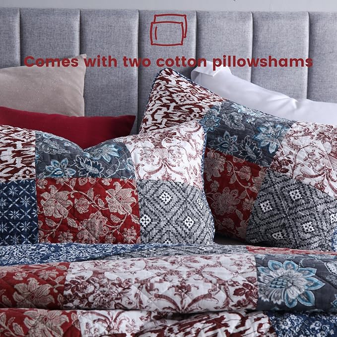 Secgo King Size Comforter Set- 100% Cotton Quilt King Size Set, Burgundy bedspreads (96 * 108 Inch) with 2 Pillow Shams, Patchwork Reversible Lightweight Bedding