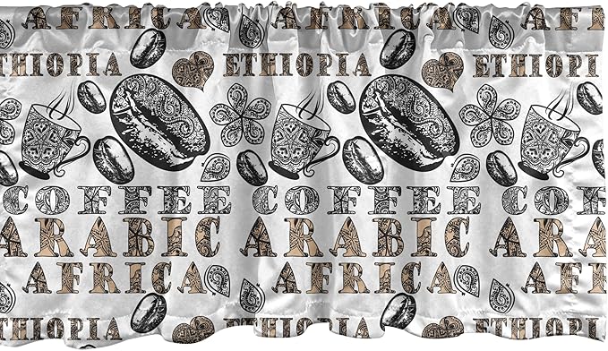 Ambesonne Modern Window Valance Pack of 2, Coffee Beans with Ornamental Words Ethiopians Pattern, Rod Pocket Curtain Valances for Kitchen Bedroom, 54" X 18", Sand Brown Black