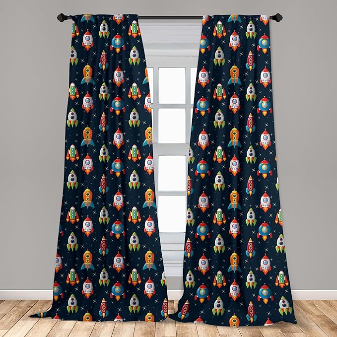 Ambesonne Spaceship Window Curtains, Cartoon Style Space Crafts Flying Through Cosmos Stared Background Astronauts, Lightweight Decor 2-Panel Set with Rod Pocket, Pair of - 28" x 95", Multicolor