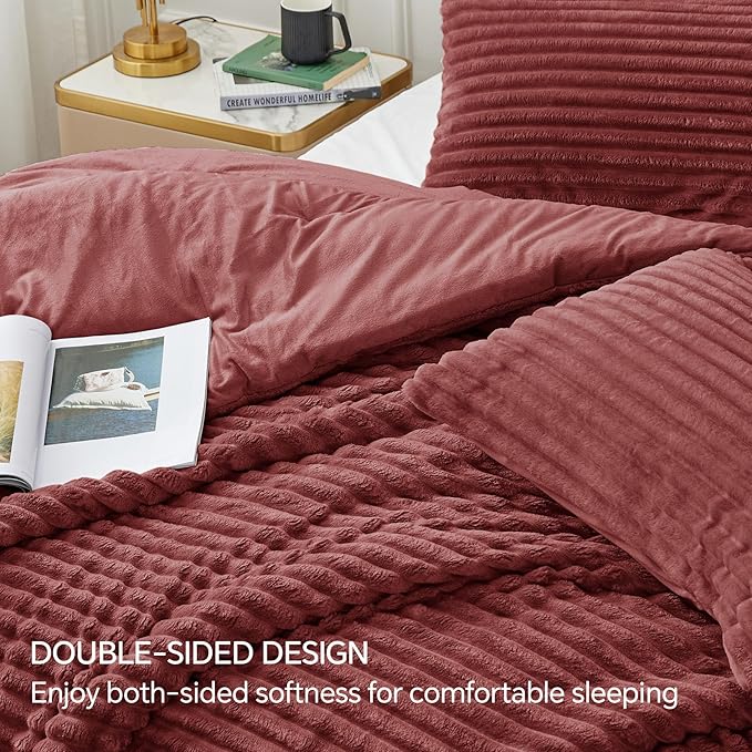 BEDELITE Fleece King Comforter Set -Super Soft & Warm Fluffy Burgundy Bedding, Luxury Fuzzy Heavy Bed Set for Winter with 2 Pillow Cases