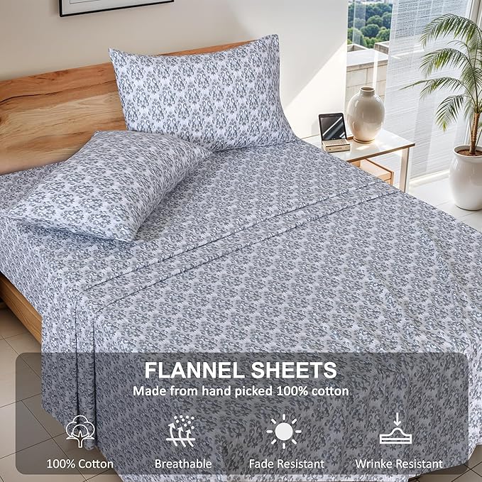 RUVANTI Flannel Sheets King Size - 100% Cotton Brushed King Size Sheets Set - Deep Pockets 16 Inches Bed Sheets - All Seasons Breathable & Extra Soft - Warm & Cozy, 4 Piece, Damask