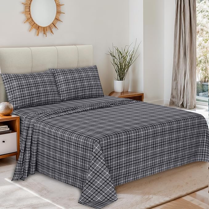 RUVANTI Flannel Sheets Queen Size - 100% Cotton Double Brushed Bed Sheets, Deep Pockets 16 Inches Queen Sheet Set, All Seasons Breathable & Extra Soft - Warm & Cozy, 4 Piece, Grey Plaid