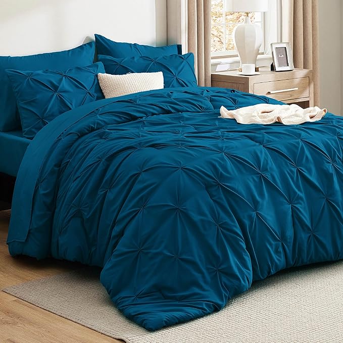 Bedsure Twin Comforter Set Teal - Bed in a Bag Twin Size Bedding 5 Pieces, GentleSoft™ Pintuck Bed Set Gift for Family, Pinch Pleat Teal Comforter with Sheets, Pillowcase & Sham