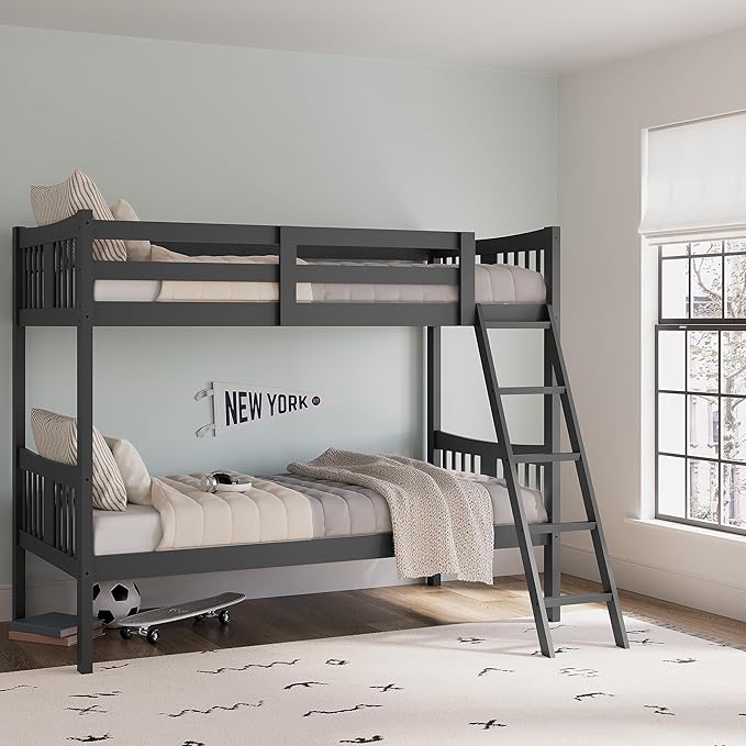 Storkcraft Caribou Bunk Bed Twin Over Twin Bunk Bed (Gray) - GREENGUARD Gold Certified, Twin Bunk Beds for Kids, Converts to 2 Individual Twin Beds, Bunk Beds for Kids
