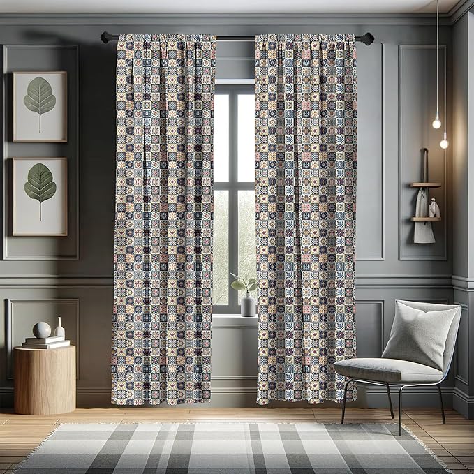 Ambesonne Moroccan Window Curtains, Portuguese Azulejo Checkered Squares Colorful Pattern Floral Arrangement, Lightweight Decor 2-Panel Set with Rod Pocket, Pair of - 28" x 63", Dark Blue Amber Red