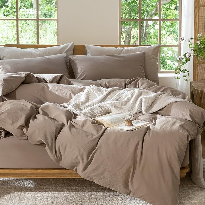MooMee Bedding Duvet Cover Set 100% Washed Cotton Linen Like Textured Breathable Durable Soft Comfy (Solid Brown, Super Queen 90"x98")