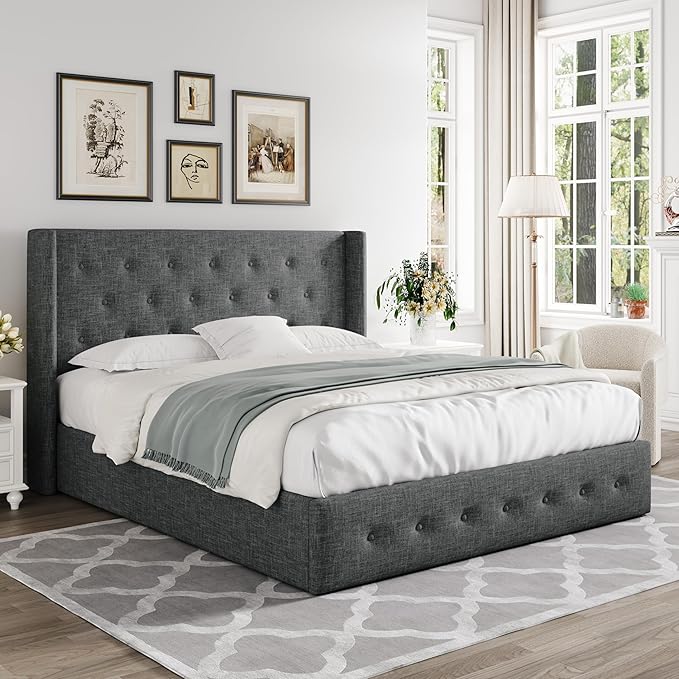 Allewie Full Size Lift Up Storage Bed, Button Tufted Headboard with Wingback, Hydraulic Support, No Box Spring Needed, Dark Grey