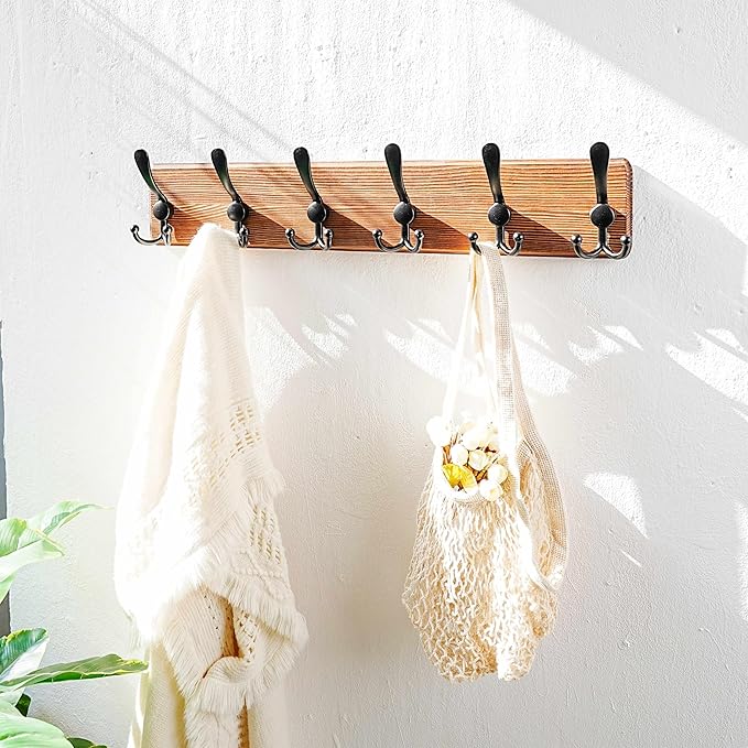 Dseap Coat Rack Wall Mounted - 24" Long 6 Tri Hooks, Heavy Duty Wooden Wall Coat Hanger Coat Hook for Clothes Hat Jacket Clothing, Natural and Black, Pack of 2