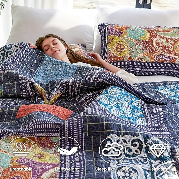 Secgo California King Quilt Size - 100% Cotton Oversized California Comforter Set Bedding Sets (120 * 110 Inch) with 2 Pillow Shams, Patchwork Reversible Lightweight Bedspread