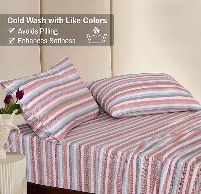 RUVANTI Flannel Sheets Full Size - 100% Cotton Double Brushed Bed Sheets Set, Deep Pockets 16 Inches, All Seasons Breathable & Extra Soft Full Sheets, Warm & Cozy, 4 Piece, Multi Chevron Stripe