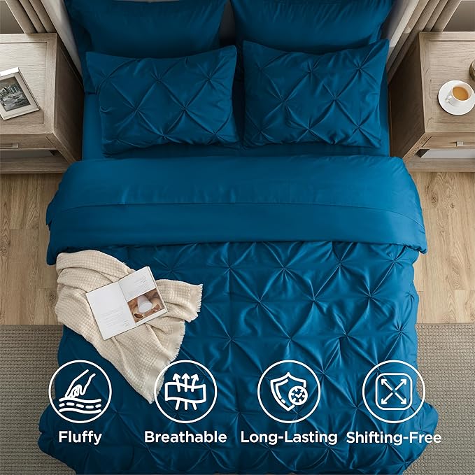 Bedsure Twin Comforter Set Teal - Bed in a Bag Twin Size Bedding 5 Pieces, GentleSoft™ Pintuck Bed Set Gift for Family, Pinch Pleat Teal Comforter with Sheets, Pillowcase & Sham