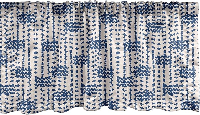 Ambesonne Ethnic Window Valance Pack of 2, Messy Waves and Small Triangles Indonesian Traditional Pattern Watercolors, Rod Pocket Curtain Valances for Kitchen Bedroom, 42" X 18", Navy Blue and Cream