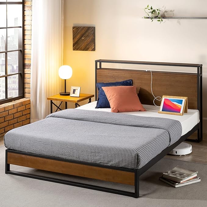 ZINUS Suzanne Bamboo and Metal Platform Bed Frame with Headboard Shelf and USB Ports, No Box Spring Needed, Wood Slat Support, Easy Assembly, King