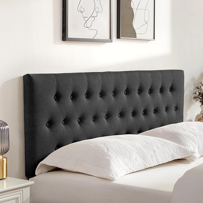 Tufted Upholstered Headboard Twin Size, Solid Wood Head Board with Durable Metal Legs, Adjustable Height Twin XL headboard from 37” to 51” Fabric Headboard in Modern Button Design, Black