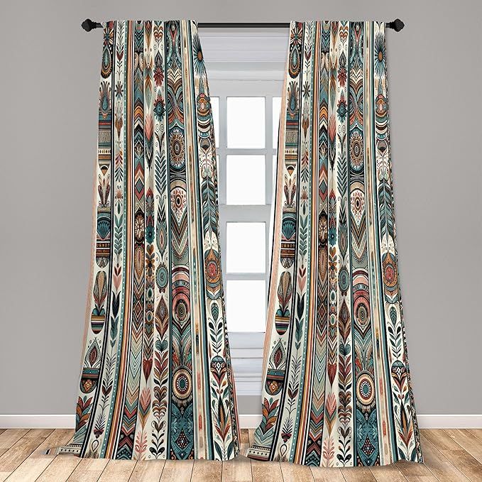 Ambesonne Ethnic Curtains, Folkloric Style Floral Ornaments with Bohemian Oriental Motifs as Stripes, Window Treatments 2 Panel Set for Living Room Bedroom, Pair of - 28" x 95", Teal Coral and Orange