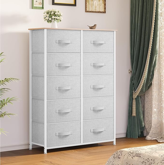 YITAHOME 10-Drawer Dresser, Fabric Storage Tower, Tall Dresser for Living Room, Hallway, Closets, Sturdy Steel Frame, Wooden Top, Easy Pull Fabric Bins