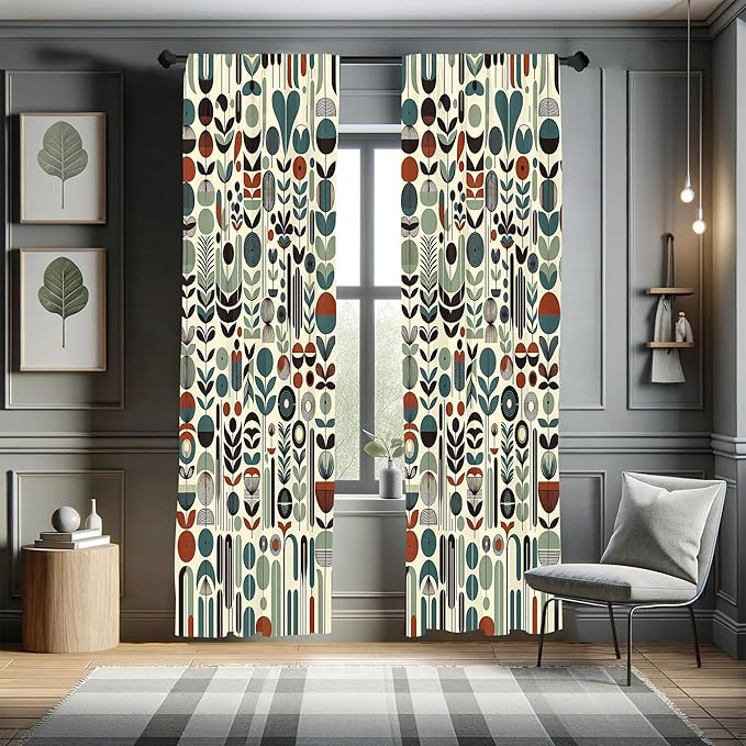 Ambesonne Leafy Art Curtains, Scandinavian Leaves Pattern with Geometric Roundy Modern Boho Print, Window Treatments 2 Panel Set for Living Room Bedroom, Pair of - 28" x 84", Pale Green Redwood Teal