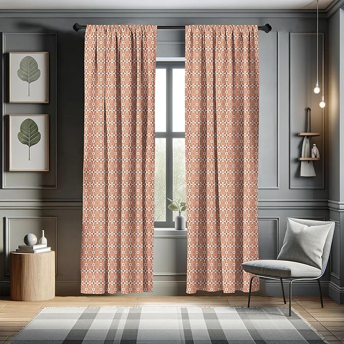 Ambesonne Scandinavian Window Curtains, Flower Like Motifs Folk Art in Tangerine Tones, Lightweight Decorative Panels Set of 2 with Rod Pocket, 56" x 63", Sienna Sky