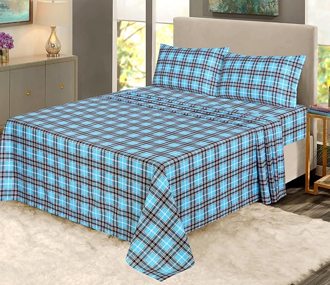 RUVANTI Flannel Sheets Queen Size - 100% Cotton Double Brushed Bed Sheets, Deep Pockets 16 Inches Queen Sheet Set, All Seasons Breathable & Extra Soft - Warm & Cozy, 4 Piece, Teal Plaid