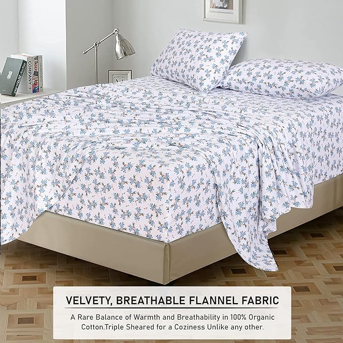 RUVANTI Flannel Sheets Queen Size - 100% Cotton Double Brushed Bed Sheets, Deep Pockets 16 Inches Queen Sheet Set, All Seasons Breathable & Extra Soft - Warm & Cozy, 4 Piece, Cloud Nine
