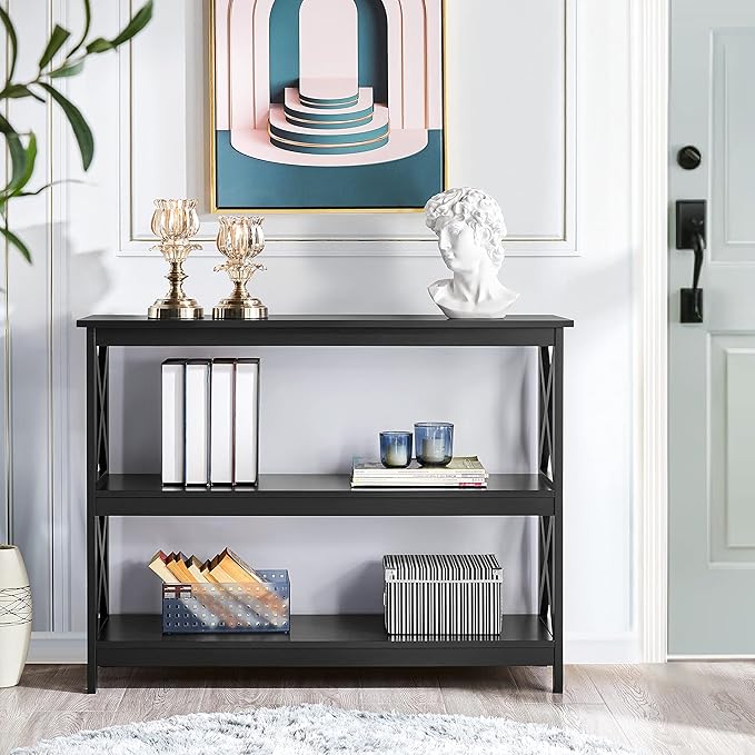 Yaheetech Console Table with Storage Shelves, 3-Tier Entryway Table Sofa Side Table Narrow Long Bookshelf for Hallway Living Room, Accent Furniture, Black