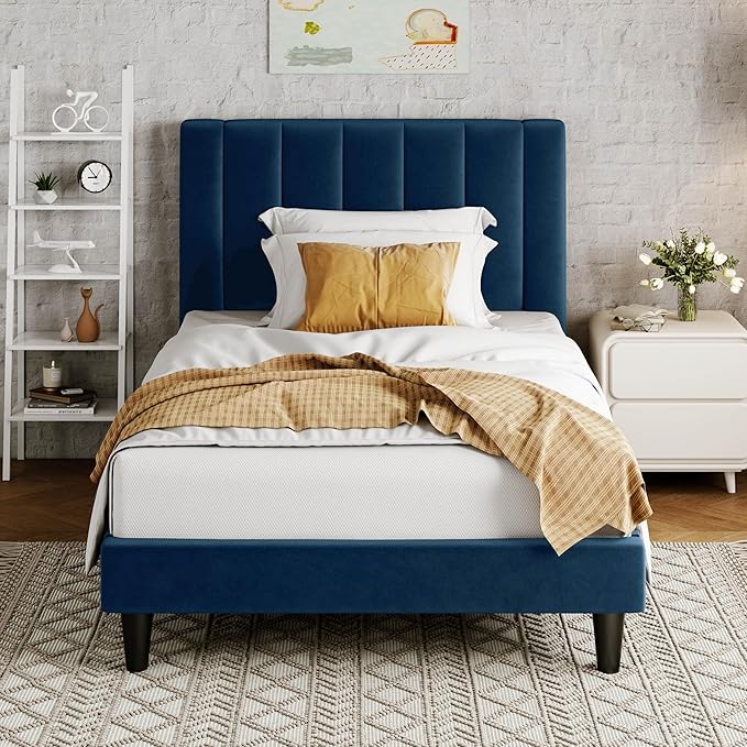 Allewie Twin Bed Frame/Velvet Upholstered Bed Frame with Vertical Channel Tufted Headboard/Strong Wooden Slats/Platform Bed Frame/Mattress Foundation/Box Spring Optional/Easy Assembly/Navy Blue