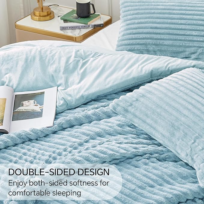 BEDELITE Fleece Full Comforter Set -Super Soft & Warm Fluffy Light Blue Bedding, Luxury Fuzzy Heavy Bed Set for Winter with 2 Pillow Cases