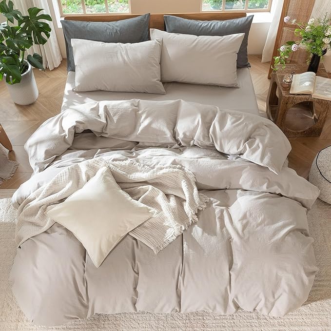 MooMee Bedding Duvet Cover Set 100% Washed Cotton Linen Like Textured Breathable Durable Soft Comfy (Solid Light Tan, Super Queen 90"x98")