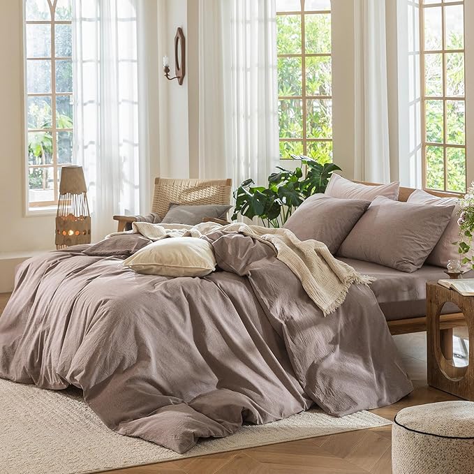 MooMee Bedding Duvet Cover Set 100% Washed Cotton Linen Like Textured Breathable Durable Soft Comfy (Heathered Mauve Brown, Full 80"x90")