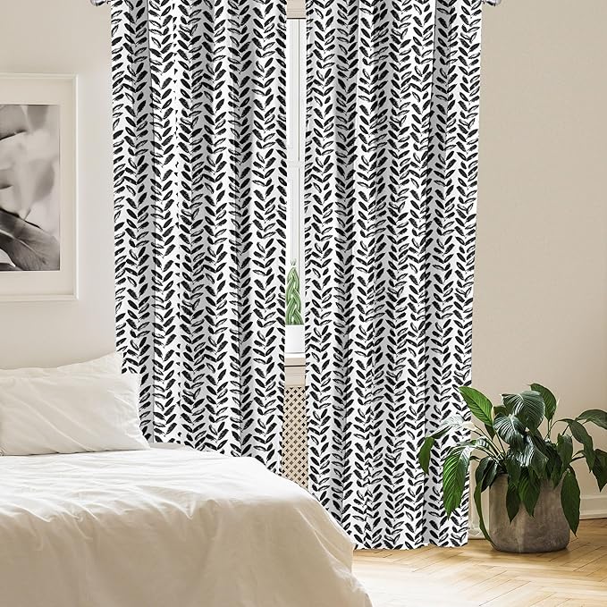 Ambesonne Black and White Window Curtains, Modern Grunge Botany Motif Monochrome Brush Paint Style Strokes, Lightweight Decor 2-Panel Set with Rod Pocket, Pair of - 28" x 95", White and Black