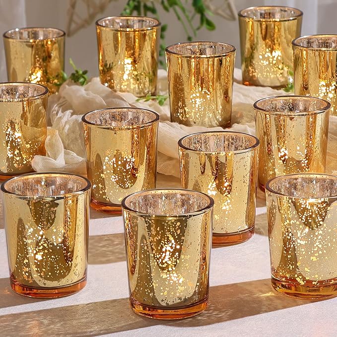 DEVI Gold Votive Candle Holders 24 Pcs, Mercury Tealight Candle Holder Glass, Gold Wedding Centerpieces for Table Decorations, Valentine Diwali Party Bridal Shower Decorations