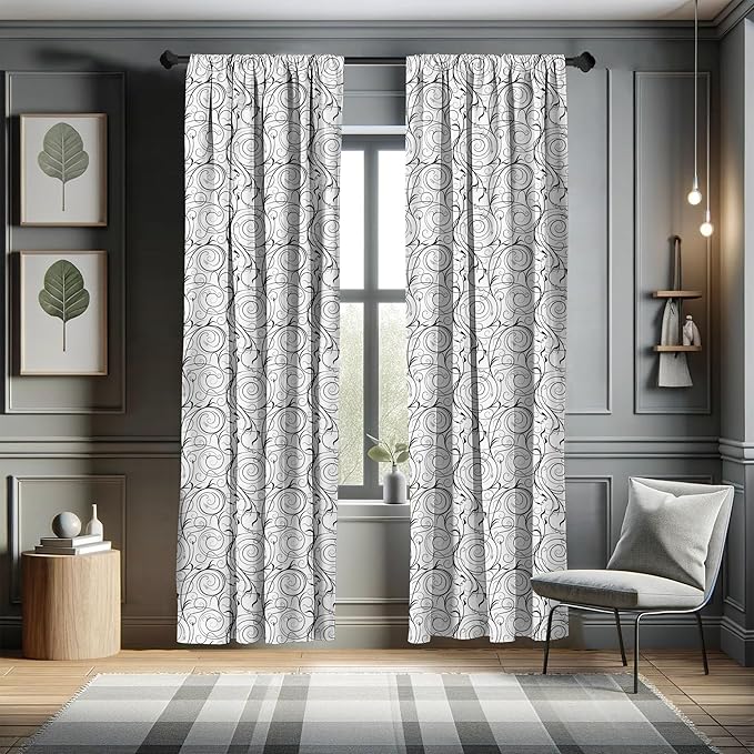 Ambesonne Black and White Curtains, Scribble Swirling Motifs Spiral Floral Stems Modern Abstract Scroll, Window Treatments 2 Panel Set for Living Room Bedroom, Pair of - 28" x 63", White Charcoal Grey