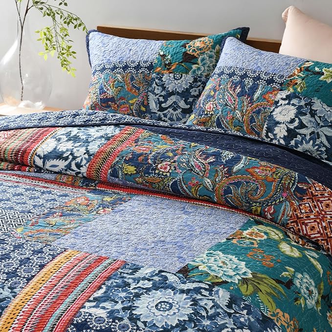 Secgo Queen Comforter Set for Bed - 100% Cotton Quilts Queen Size, Navy, Bohemia Bedspreads (90 * 98 Inch) with 2 Pillow Shams, Patchwork Reversible Lightweight Bedding