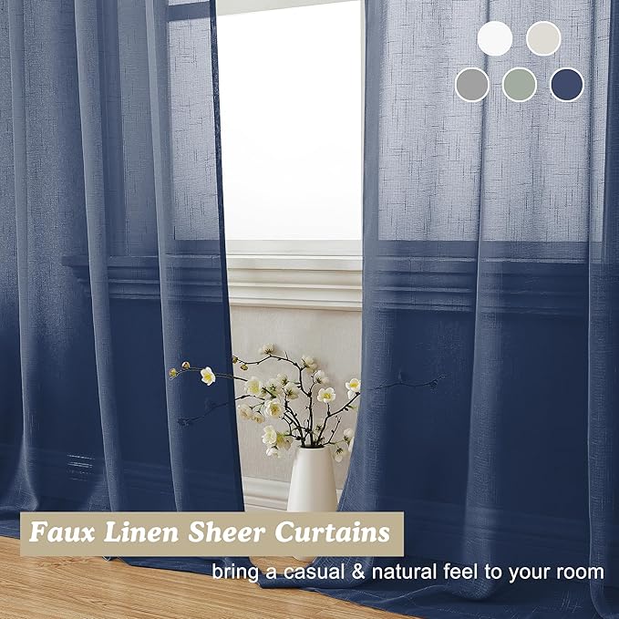 Aiyufeng Linen Textured Blue Sheer Curtains 72 inches Long 2 Panels, Sheer Navy Blue Curtains Breathable Elegant Drapes for Living Room Kitchen, 40Wx72L inch