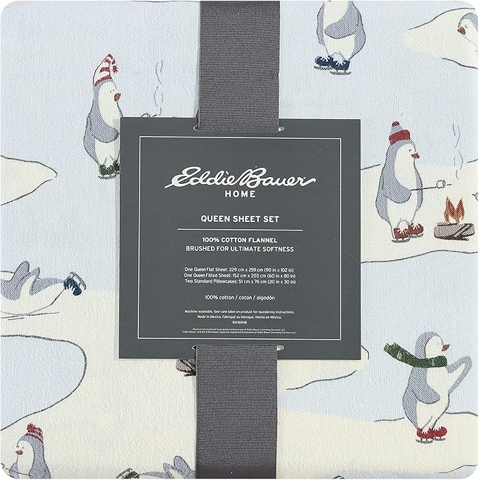 Eddie Bauer - Full Sheets, Cotton Flannel Bedding Set, Brushed For Extra Softness, Cozy Home Decor (Skating Penguin, Full)