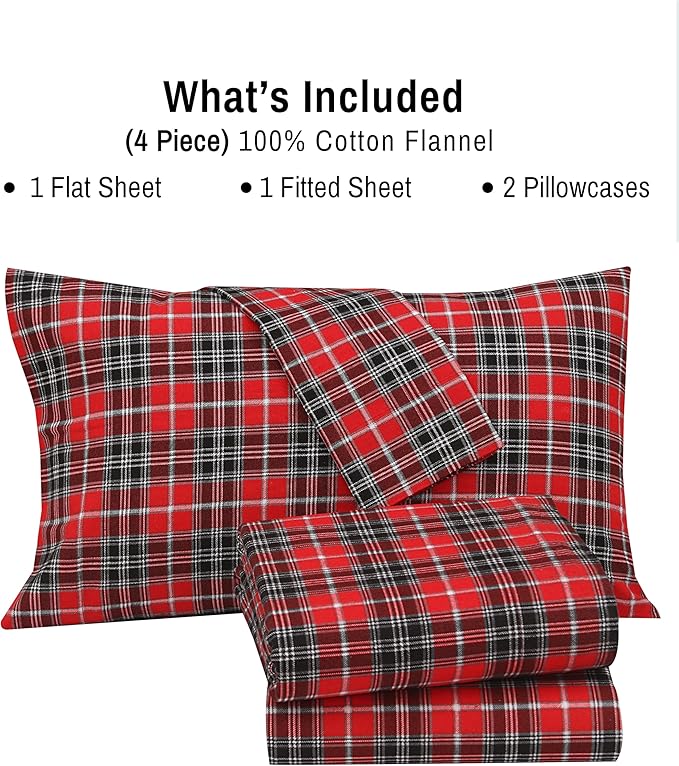 RUVANTI Flannel Sheets Full Size - 100% Cotton Double Brushed Bed Sheets Set, Deep Pockets 16 Inches, All Seasons Breathable & Extra Soft Full Sheets, Warm & Cozy, 4 Piece, Red Plaid