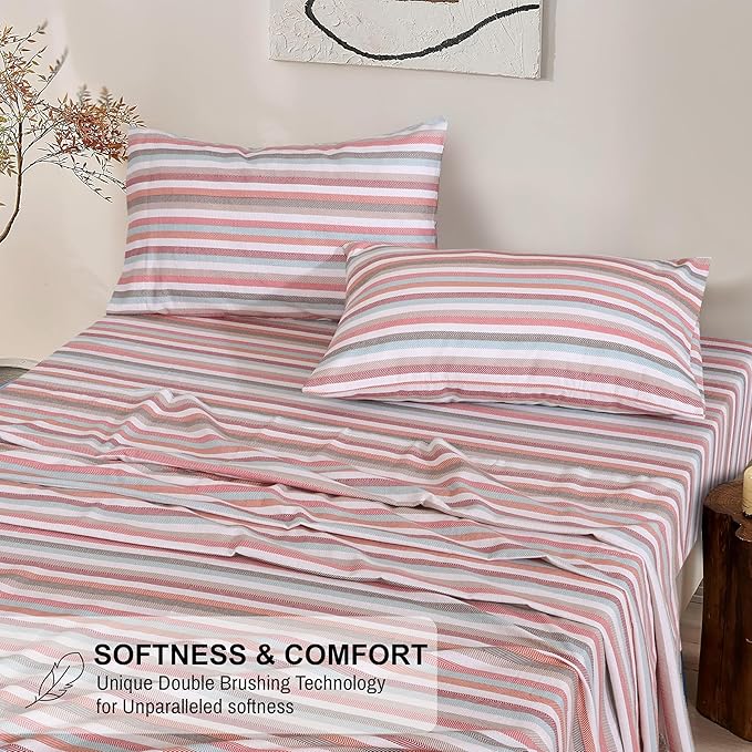 RUVANTI Flannel Sheets King Size - 100% Cotton Brushed King Size Sheets Set - Deep Pockets 16 Inches Bed Sheets - All Seasons Breathable & Extra Soft - Warm & Cozy, 4 Piece, Multi Chevron Stripe