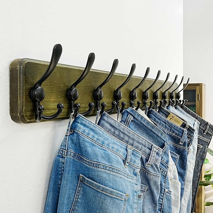 Dseap Coat Rack Wall - Heavy-Duty 38-1/4" Long, with Reinforced 10 Custom Tri-Hooks, Solid Wood Wall Hanger for Coats Hat Jackets - Rustic Farmhouse Entryway Hallway Storage, Weathered Green & Black