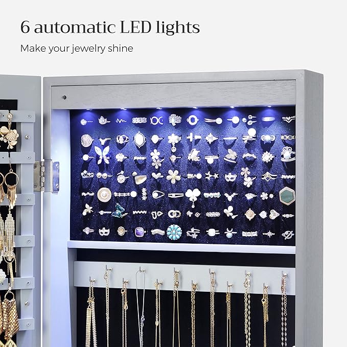 SONGMICS 6 LEDs Mirror Jewelry Cabinet, 47.2-Inch Tall Lockable Wall or Door Mounted Jewelry Armoire Organizer with Mirror, 2 Drawers, Christmas Gift, 3.9 x 14.6 x 47.2 Inches, Gray