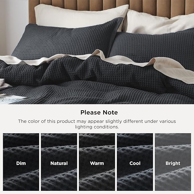 Bedsure Cotton Duvet Cover Set - 100% Cotton Waffle Weave Charcoal Duvet Cover Oversized Queen Size, GentleSoft™ and Breathable Bedding Set for All Season, 3 Pieces, 98"x98"