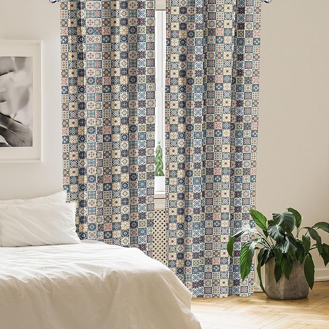 Ambesonne Moroccan Window Curtains, Portuguese Azulejo Checkered Squares Colorful Pattern Floral Arrangement, Lightweight Decor 2-Panel Set with Rod Pocket, Pair of - 28" x 63", Dark Blue Amber Red