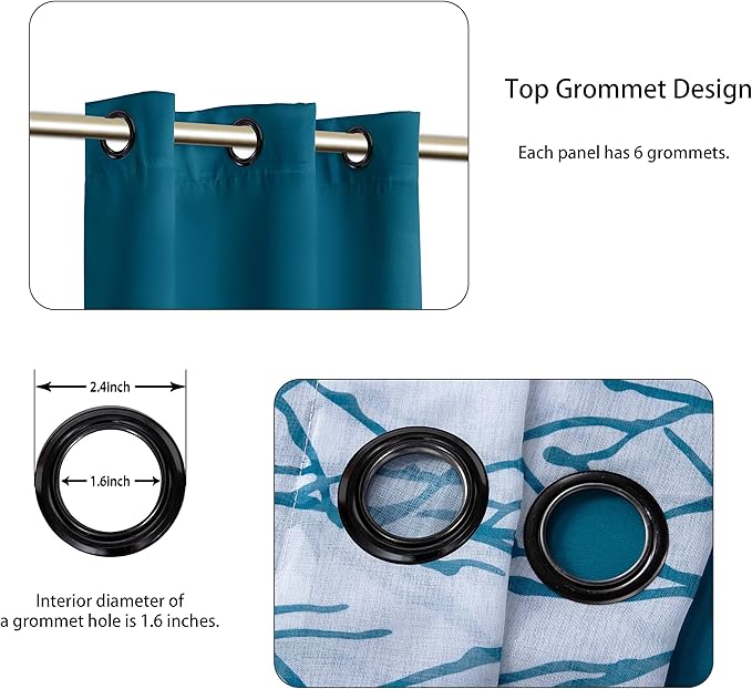 BONZER Mix and Match Curtains - 2 Pieces Branch Print Sheer Curtains and 2 Pieces Blackout Curtains for Bedroom Living Room Grommet Window Drapes, 37x95 Inch/Panel, Teal, Set of 4 Panels