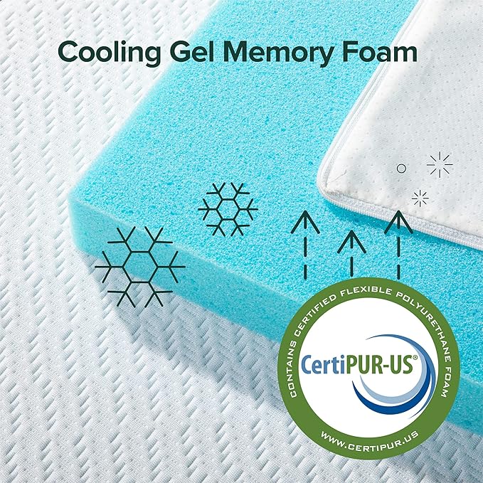 ZINUS 2 Inch Ultra Cooling Gel Memory Foam Mattress Topper with Cooling Cover, CertiPUR-US Certified, Twin, White