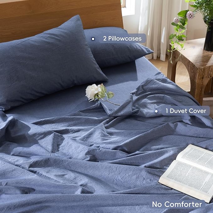 MooMee Bedding Duvet Cover Set 100% Washed Cotton Linen Like Textured Breathable Durable Soft Comfy (Heathered Blue, Oversized Queen 98"x98")