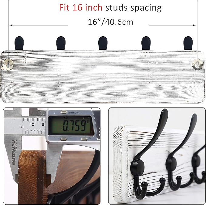 WEBI Coat Rack Wall Mount,Coat Hooks Wall Mounted,16" Hole to Hole,Coat Hanger Wall,Wood Hook Rack Rail,5 Triple Hooks for Hanging Coats,Jacket,Clothes,Black/White