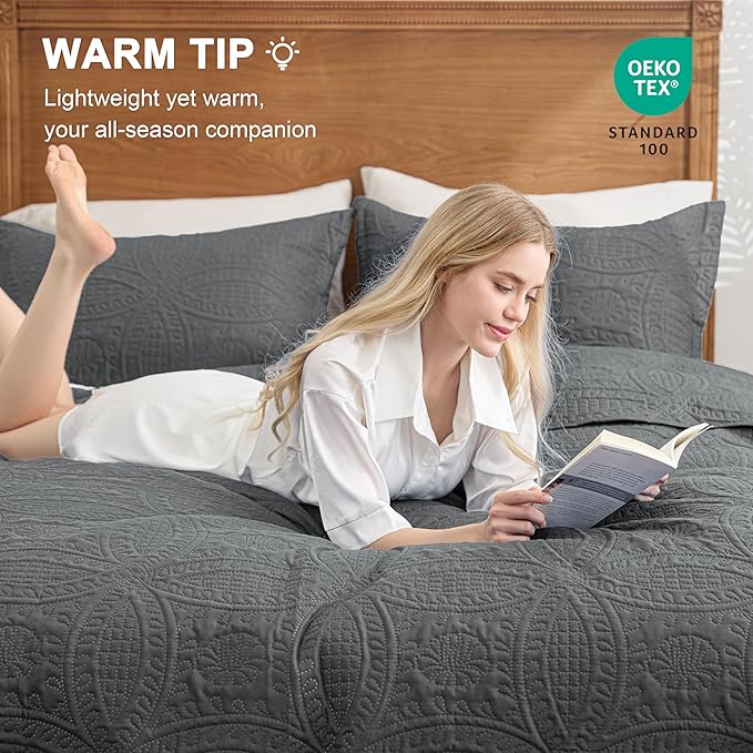Love's cabin Quilts for Full Bed Dark Grey Bedspreads Bedding Set - Lightweight Bedspread Comforter - Coin Pattern Bedding Coverlet for All Season - 3 Pieces (1 Quilt, 2 Pillow Shams)