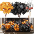 10pcs Fake Plants Outdoor, Halloween Maple Pumpkin Branch, Autumn Artificial Pumpkins Stem with Black & Orange Maple Leaves, Faux Maple Leaves Spray for Halloween Thanksgiving Home Deocr