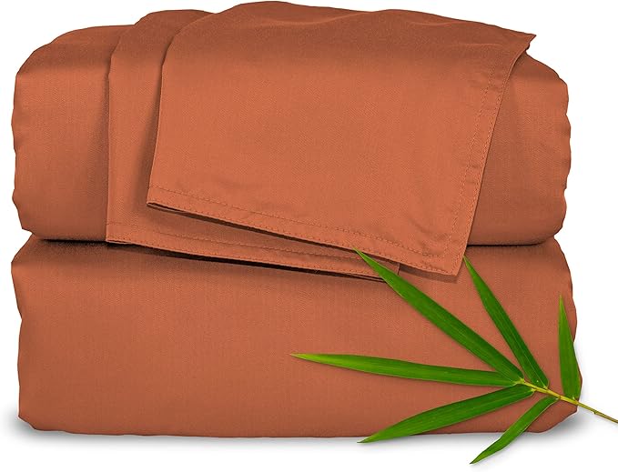 Queen Sheets by Pure Bamboo, Genuine 100% Organic Viscose Derived from Bamboo Bed Sheet Set, Luxuriously Soft & Cooling, Double Stitching, Lifetime Quality Promise (Queen, Terracotta)