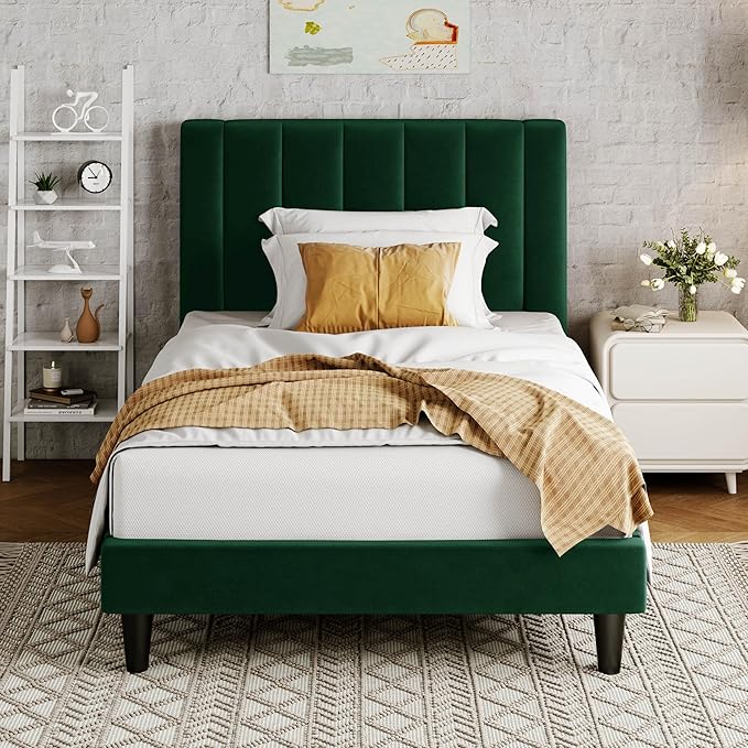 Allewie Twin Bed Frame/Velvet Upholstered Bed Frame with Vertical Channel Tufted Headboard/Strong Wooden Slats/Platform Bed Frame/Mattress Foundation/Box Spring Optional/Easy Assembly/Green